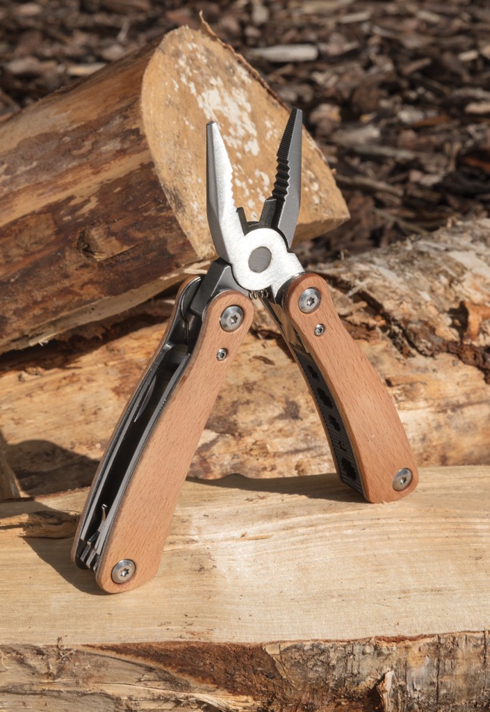 wood multitool with logo