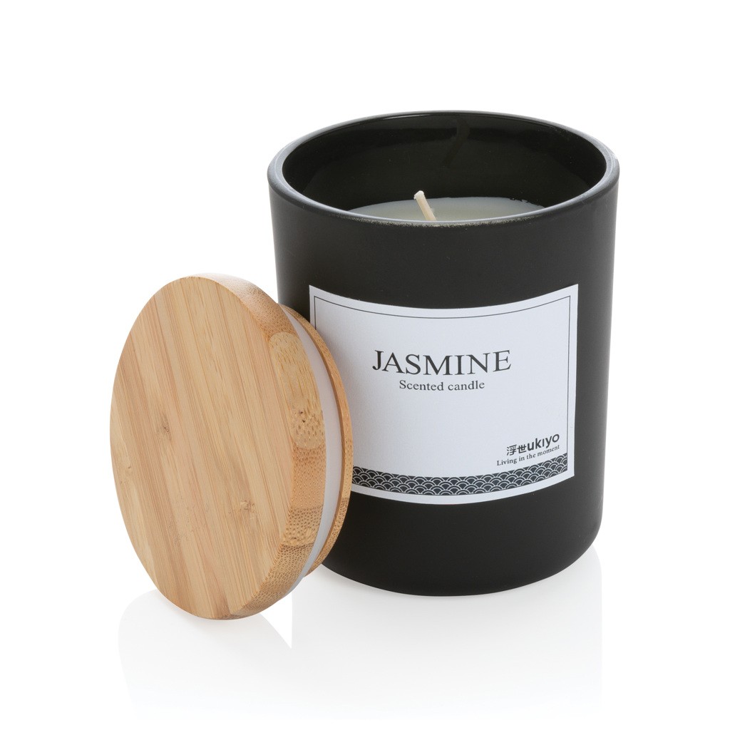 ukiyo deluxe scented candle with bamboo lid with logo
