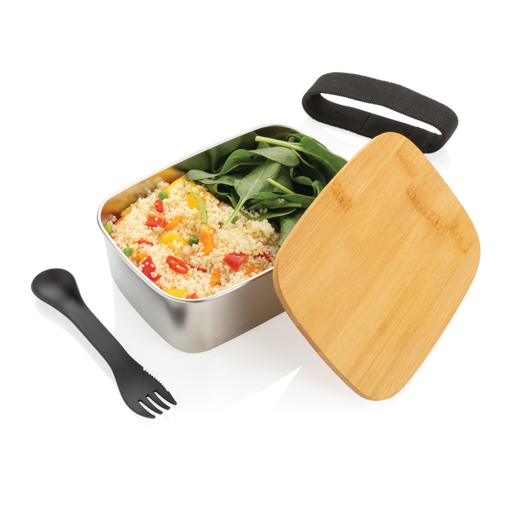 stainless steel lunchbox with bamboo lid and spork with logo