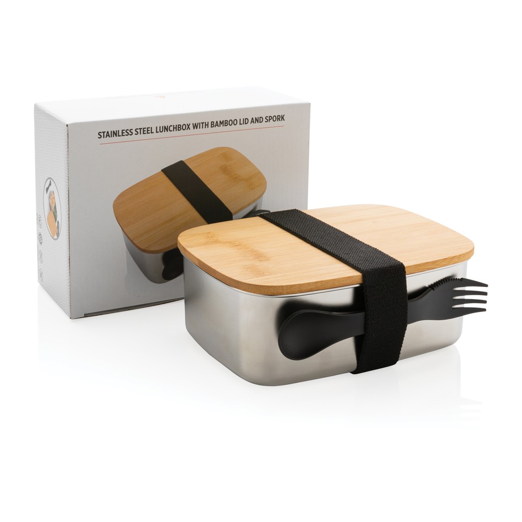 stainless steel lunchbox with bamboo lid and spork with logo