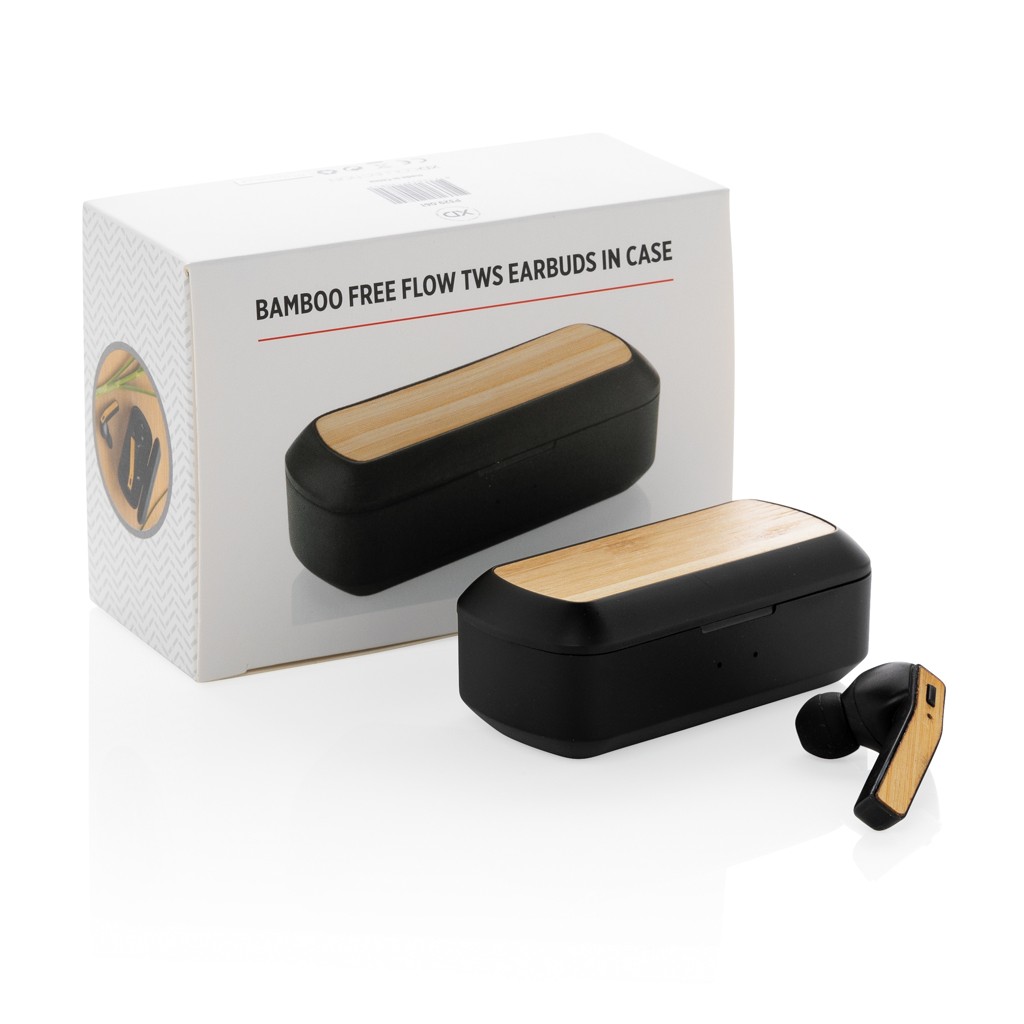 bamboo free flow tws earbuds in case with logo