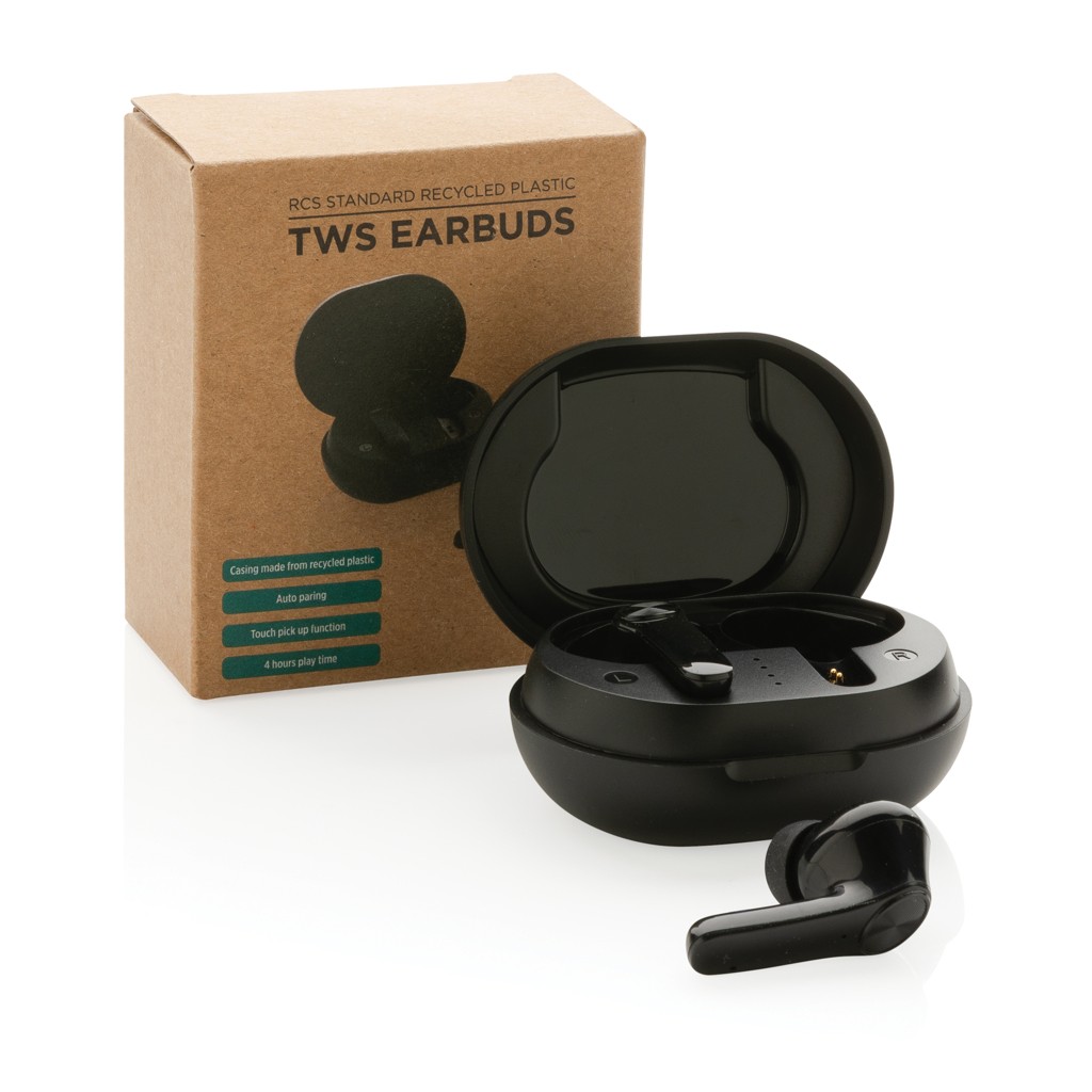 rcs standard recycled plastic tws earbuds with logo