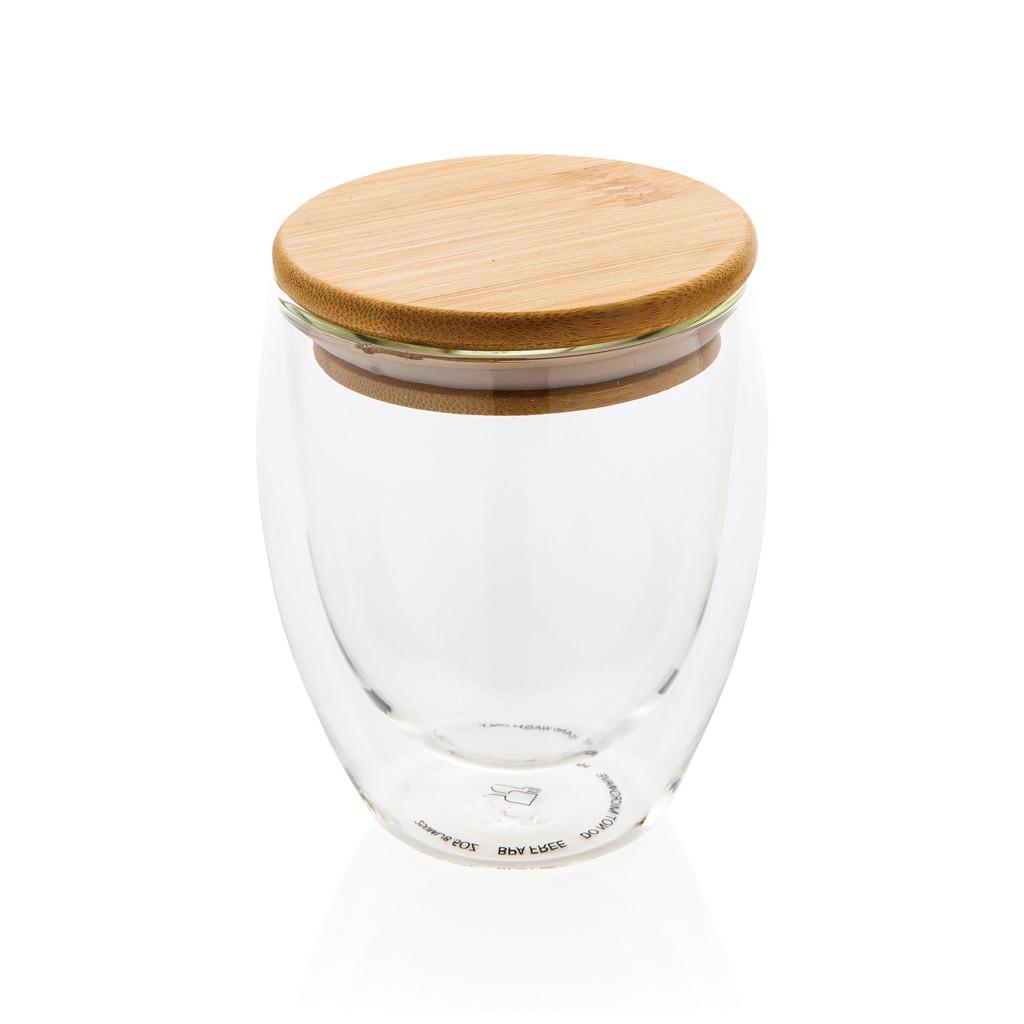 double wall borosilicate glass with bamboo lid 250ml with logo