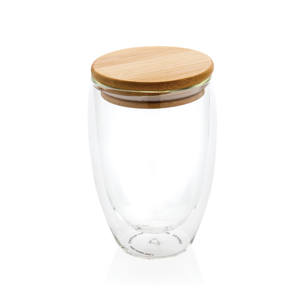 double wall borosilicate glass with bamboo lid 350ml with logo