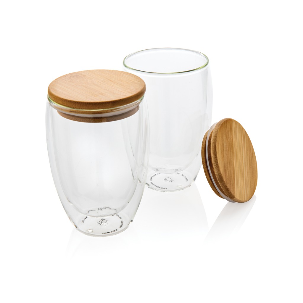 double wall borosilicate glass with bamboo lid 350ml 2pc set with logo